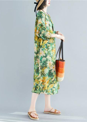 Plus Size Grünes Leinen-Robenkleid mit O-Ausschnitt und Armbandärmeln 