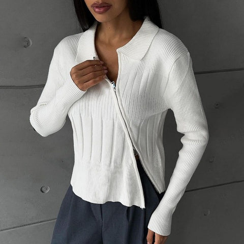 TARUXY White Knitted Cardigan Women Ribbing Turn Collar Zipper Slim Sweater Femme Autumn Winter Fashion Knitwear Cardigans Woman