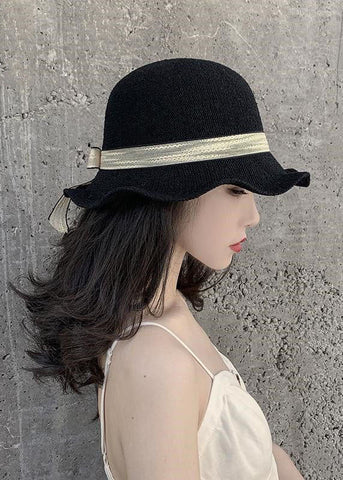 Sombrero de pescador tejido de paja con patchwork y lazo negro DIY 