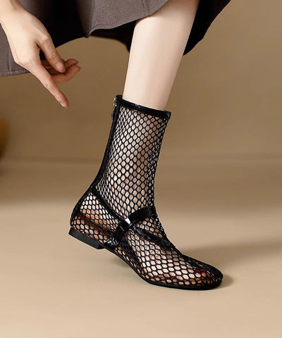 Stilvolle Reißverschluss-Spleißstiefel Schwarz Hollow Out Breathable Mesh 