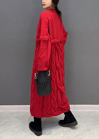Vestido suéter suelto de punto con borlas y cuello en V rojo para mujer para invierno 