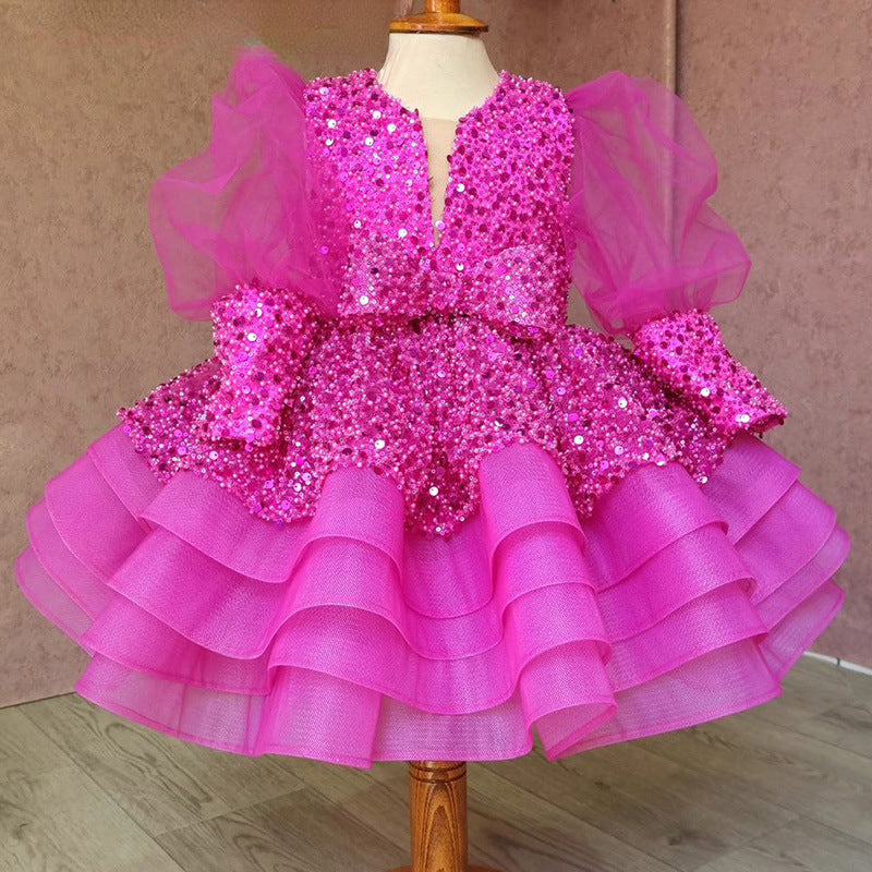 Elegantes Paillettenkleid aus Mesh mit Puffärmeln für Babys und Kleinkinder – Prinzessinnenkleid für die Erstkommunion 