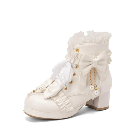 - Zapatos de Lolita de tacón grueso en rosa, blanco y negro con nudo de mariposa y perlas con cordones para mujer, bonitos botines de invierno de princesa para cosplay, talla 42 