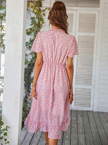 Printed V-Neck Short Sleeves Midi Dress