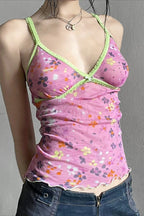 Mesh Floral Contrast V Neck Cami Top