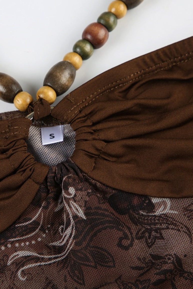 Vintage Bead Asym Hem Mesh Halter Top