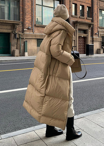 Mode Khaki Reißverschlusstaschen Kapuzen Entendaunen Puffer Mantel Winter 