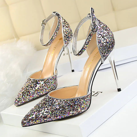 summer new European style stiletto heels shallow mouth pointed head sequins sexy nightclub show thin sandals for women