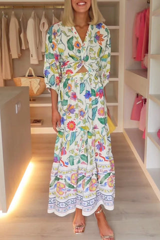 Vestidos sexis de corte A con escote en V fruncido y estampado floral 