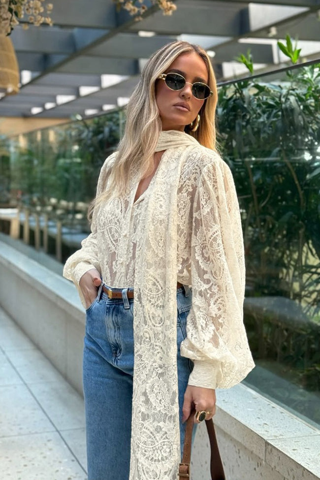 Elegant Tie Sheer Lace Long Sleeve Blouse