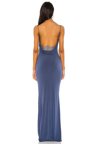 Lila – Rückenfreies Maxikleid mit Wasserfallausschnitt und Spitze 