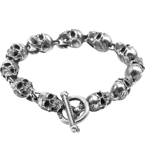 Sterling Silver Punk Skulls Link Chain Bracelet