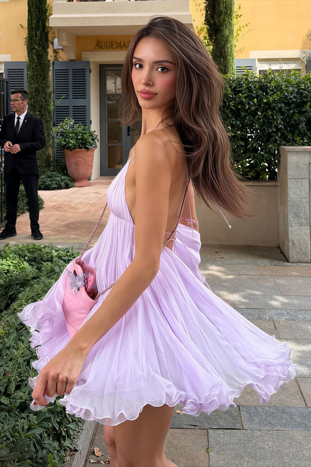Sexy V-neck Lace-up Backless Spaghetti Strap A-line Mini Dress
