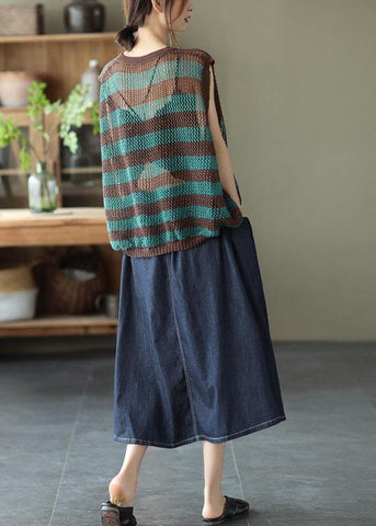 Camiseta de tirantes de lino de verano con rayas de morera y aberturas sin mangas 