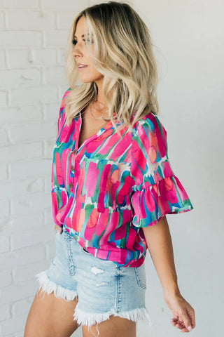 chic rose abstract brushwork v neck blouse