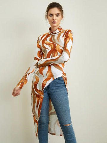 Casual Skinny High-Low Printed High-Neck T-Shirts Tops