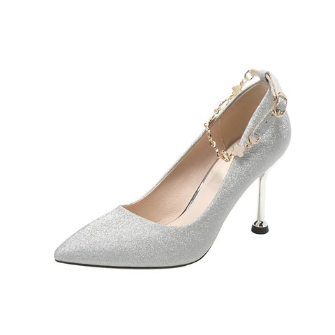 Silber gerade linie schnalle Französisch high heels modische dünne absätze spitz einzelnen schuhe braut brautjungfern hochzeit schuhe frauen 