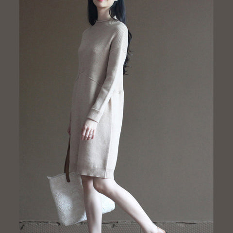 Vestido estilo suéter de invierno, informal, color piel, con mezcla de lana de conejo, holgado, estilo vintage con patchwork. 