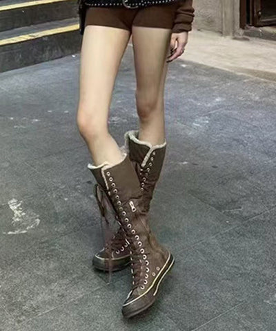 Botas de lona marrón 2024 con cordones y forro de lana afelpada 