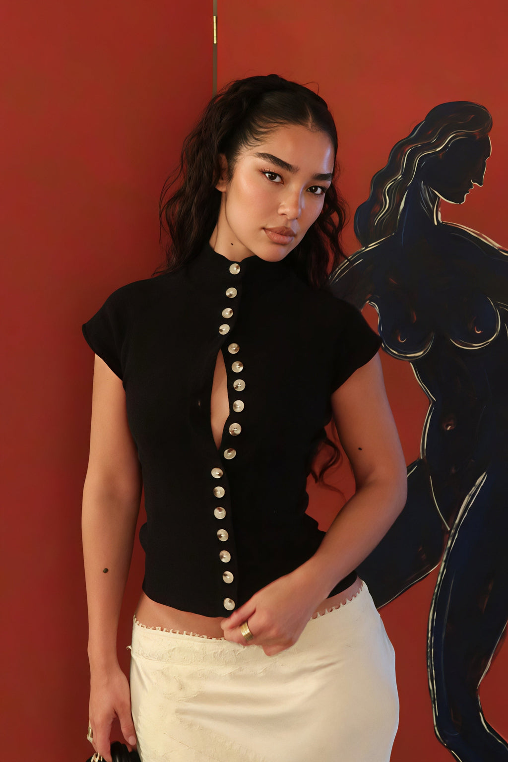 Button Solid Cropped Slim Short Sleeve Blouse