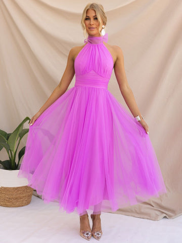 Vestido midi de tul con cuello halter, plisado, cintura imperio, espalda abierta, elegante vestido de fiesta 