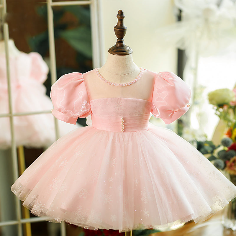 Vestido de niña de las flores, color rosa, con mangas abullonadas y malla esponjosa, para comunión y princesa. 
