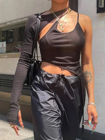 2024 herbst Frauen Solide Slip Halter One-Shoulder Asymmetrische Aushöhlen Schwarz Crop Top Streetwear Sexy Club Tops T-shirts 