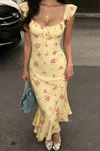 Floral Square Cap Sleeve Maxi Dress