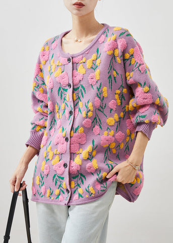 Cárdigan de punto jacquard con cuello redondo en rosa francés para invierno 