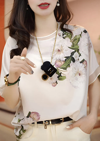 Mode Weiß O-Ausschnitt Print Chiffon Blusen Sommer 