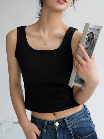Camisetas básicas de verano para mujer, ropa de calle, top corto blanco con 3 botones, chaleco deportivo Y2k, camiseta sin mangas de punto elástico acanalado con tirantes negros 