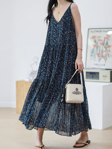 Women Vintage Floral Pleat V-Neck Loose Vest Dress