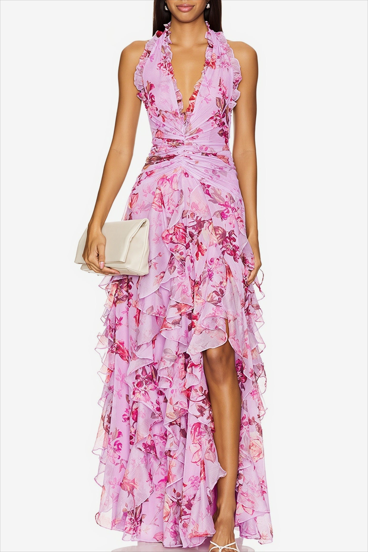 Chiffon Floral Halter Tie Tiered Maxi Dress