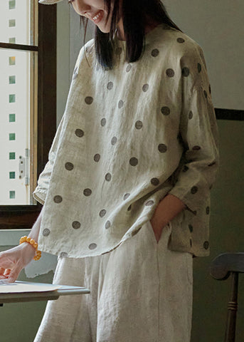 Blusa de lino con cuello redondo y lunares de jacquard para mujer, con mangas de pulsera 