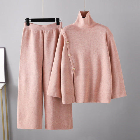Stand Collar Slit Knitted Turtleneck Sweater Women Winter Warm Anti-Aging Casual Wide Leg Pants Set