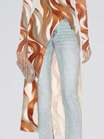 Casual Skinny High-Low Printed High-Neck T-Shirts Tops
