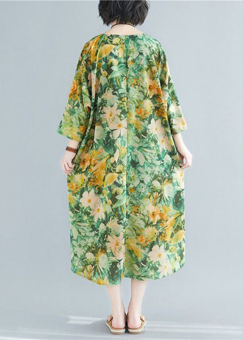 Plus Size Grünes Leinen-Robenkleid mit O-Ausschnitt und Armbandärmeln 