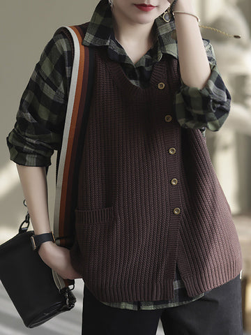 Plus Size Women Spring Knitted Button Sleeveless Vest Waistcoat Sweater