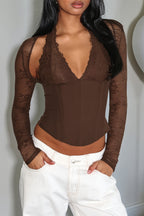 Hollow Solid Halter Lace Splice Blouse