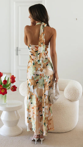 Floral Print Halter Backless Flowy Vacation Maxi Dresses