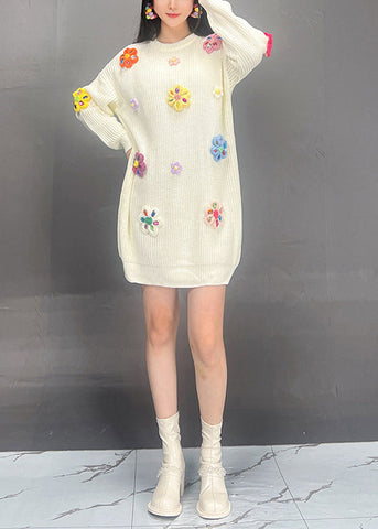 Vestido elegante de punto con patchwork floral y cuello redondo negro para otoño 