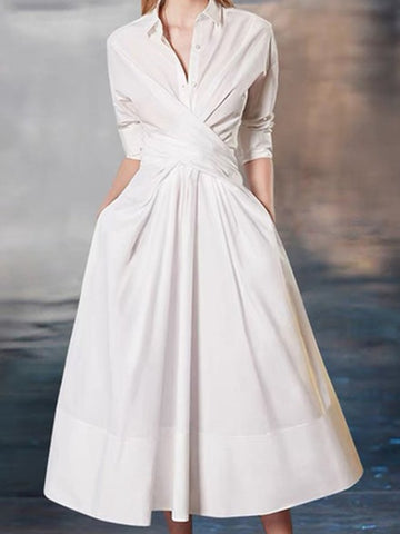 Elegante vestido midi de corte A con mangas largas, plisado y solapa en color liso 