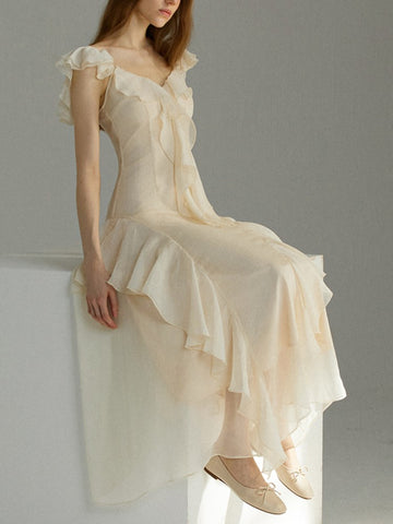 Vestido midi elegante francés con volantes para mujer, novedad de verano, sin mangas, cuello en V, estilo playero, corte en A, para fiesta y graduación 
