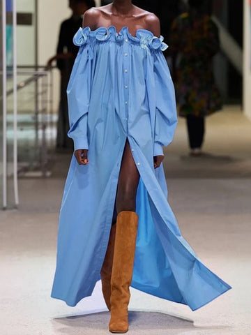 Lange Ärmel, lockeres, gerüschtes, schulterfreies Maxikleid mit Schlitz 
