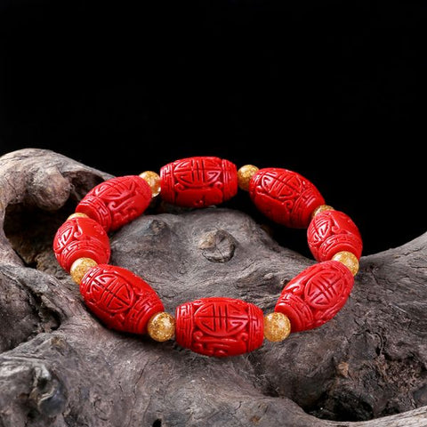 Red Cinnabar Chinese Carving Beads Elastic Bracelet