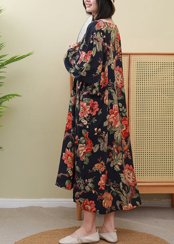 Vestido elegante con estampado floral rojo, cuello redondo, hebilla de placa inclinada, manga larga 