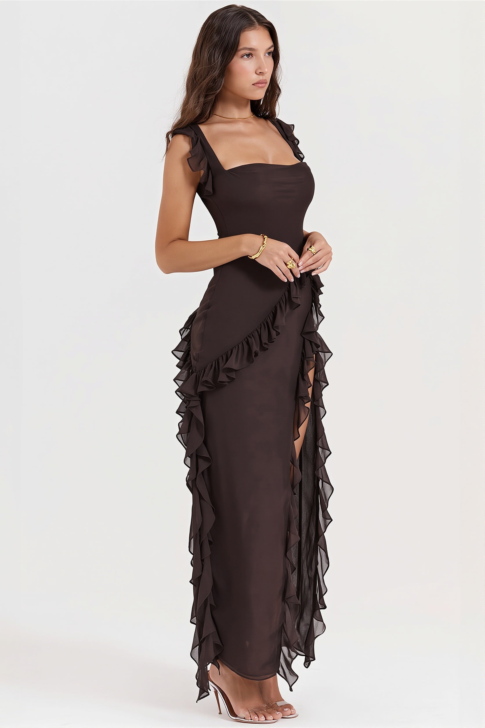 Ribbon Ruffle Splice Slit Maxi Dress