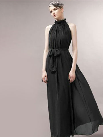 Summer Dress Maxi Dresses Purple Jewel Neck Lace Up Chiffon Beach Dress
