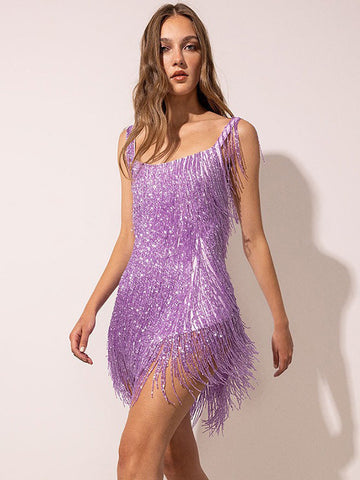 Glitzer Partykleid Fransen Offener Rücken Sexy Geburtstagsparty Coachella Minikleider 