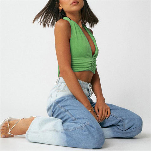 Tossy Sexy V-Ausschnitt Neckholder-Tanktops Rückenfrei Bodycon Geraffte Grüne Cropped Camis Hot Chic Sommer Party Top Clubwear Camisole 